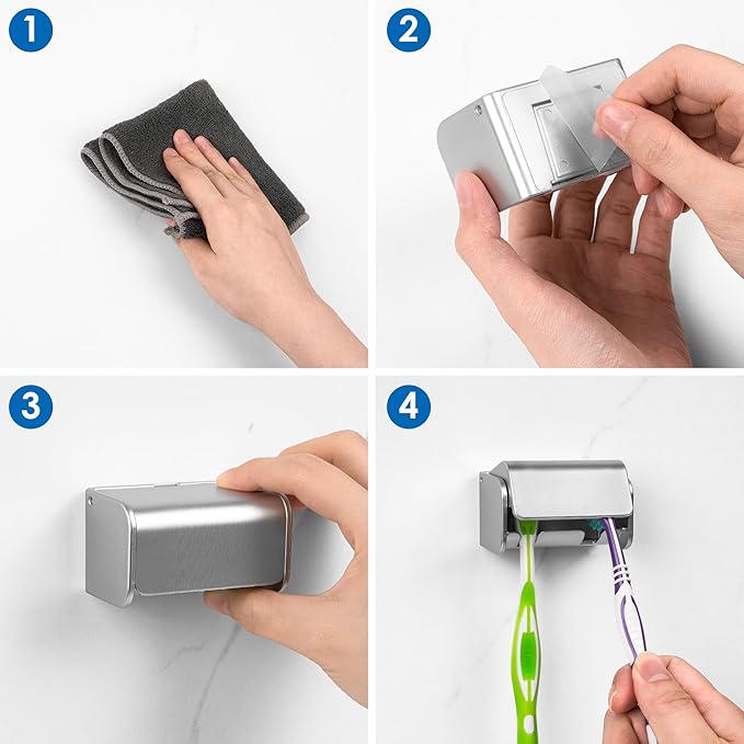 2 PCS Toothbrush Holder Wall Mounted with Cover for Bathroom, 2 Slots Toothbrush Storage Organizer for Shower, Self Adhesive Toothbrush Hanger Rack for Dorm, Cabinet (Brushed Silver)