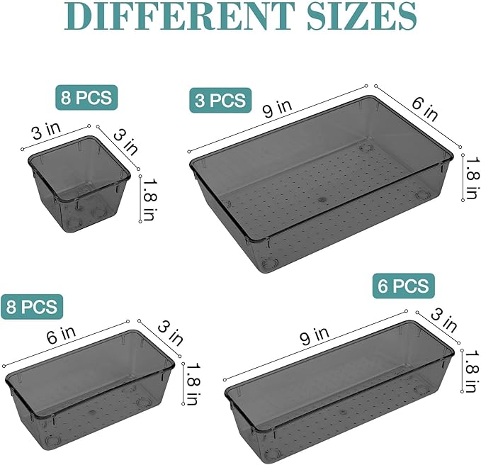 25 PCS Drawer Organizer Set, 4 Varied Size Bathroom and kitchen Drawer cabinet organizer Trays, Clear Storage Bins for Makeup, Jewelry, Utensils and Gadgets，Black