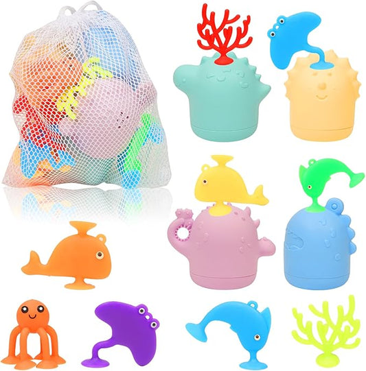 Baby Bath Toys, 13 Pcs Silicone Mold Free Bath Toys with a Storage Bag, Squeezable Dinosaurs Bathtub Toys, No Hole Sensory Ocean Animal Suction Cup Toys for Toddlers 1 2 3 4 5 6 Years
