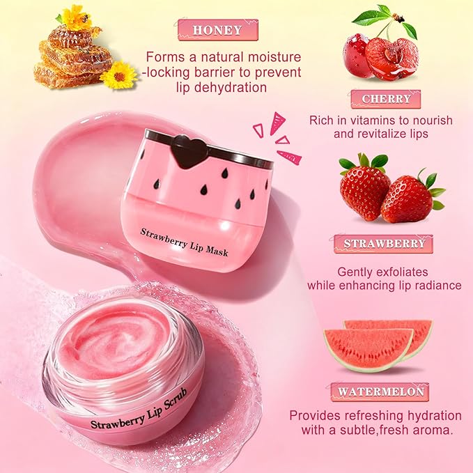 5PCS Lip Scrub and Mask Set,Cherry Strawberry and Honey Pot Lip Balm,2PCS Lip Exfoliator Scrub and Moisturizer,Clean and Repair,Reduce Fine Lines,Natural Ingredients,Cruelty Free