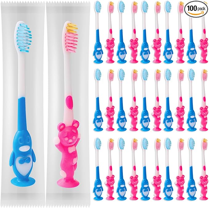 100 pcs Disposable Toothbrush Kids Individually Wrapped, Bulk Disposable Kid toothbrushes for Age 2+ Children Toothbrush Set Soft Bristles Boys Girls Toothbrush with Suction Cup