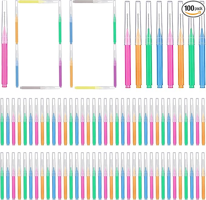 GOUWEIBA 100 pcs Braces Brush Disposable Interdental Brush Toothpick Dental Flossing Head Oral Dental Hygiene Flosser Tooth Cleaning Tools (Mixed Color)