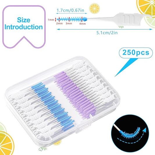 250 Pieces Interdental Brushes, Silicone Dental Floss Picks with Case Dental Brushes Dental Picks Tooth Floss Picks for Teeth Cleaning(Blue, Purple)
