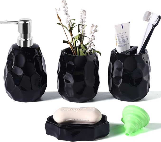 Ceramic Bathroom Accessories Set 4 PCS,Bathroom Toothbrush Holder Set,Soap and Toothbrush Holder Set,Include Toothbrush Holder,Soap Dispenser,Soap Dish,Tumbler,Bathroom Sets Decor Organizer (Black)