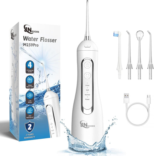 Cordless Water Dental Flosser Oral irrigator,JNGOODS 300ml Rechargeable Water flosser for Teeth IPX7 Waterproof 4 Modes Portable Oral Irrigator with 4 Jet Tips, Travel Home use (White)