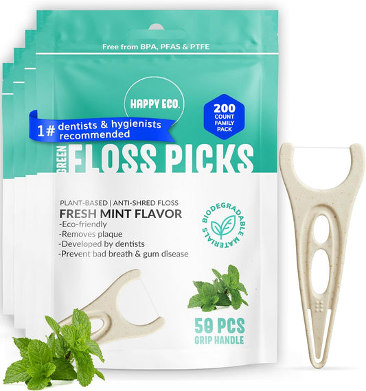 Biodegradable Floss Picks (200pcs) - Natural Dental Floss - Nontoxic Plant Based Floss Sticks for Adults & Kids - Vegan Tooth Pick Flossers - Single Thread Mint