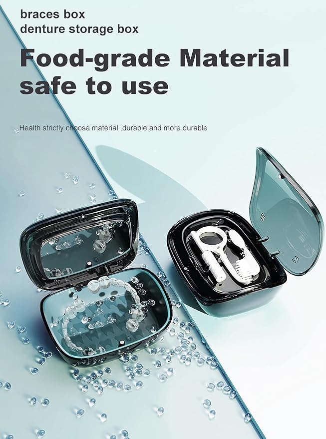 MURRI&MURRDI Retainer Case, Denture Bath Box with Strainer Basket, Mouth Guard Case, Braces Cleaner Cup, Cute Denture Holder Retainer Storage Soak Container for Travel Cleaning (C Black)