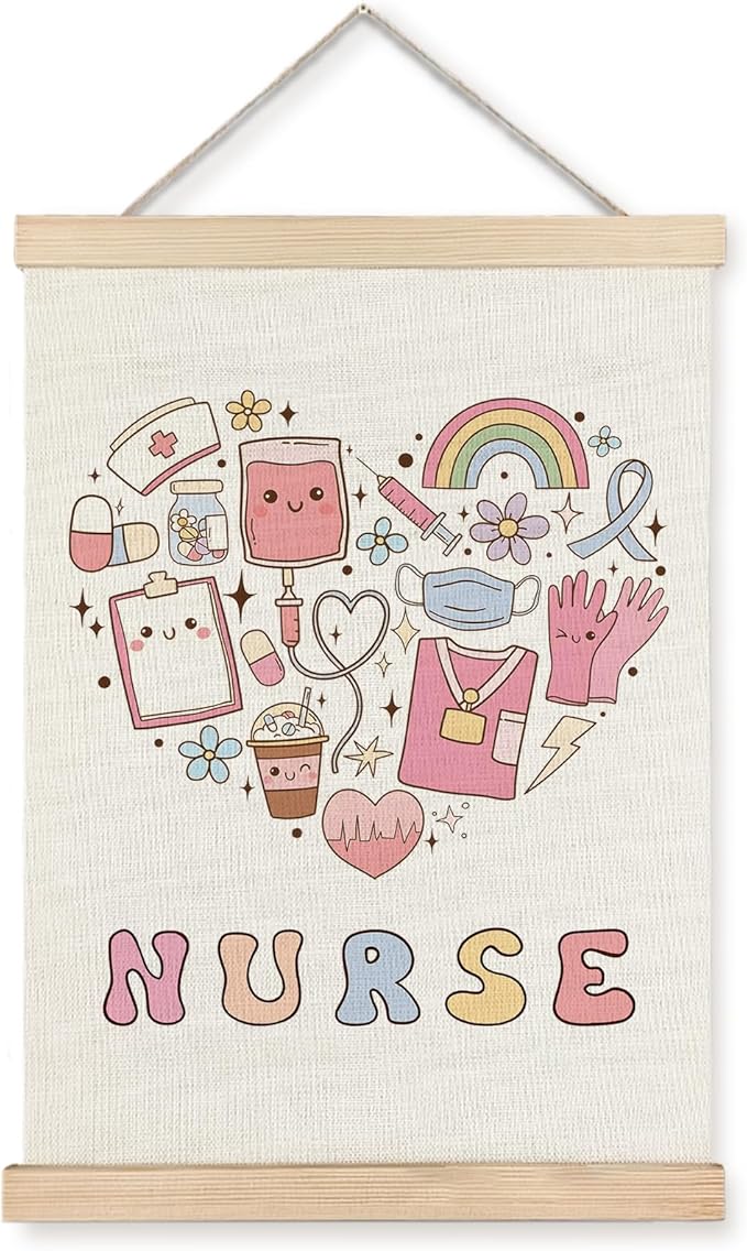 Yomisex Cute Nurse Wall Art Poster, Nursing Gifts for Women Student Nurses, Trendy Retro Pink Medical Nurse Stuff Wall Art Framed for Nurses Office Home Decor, 12x16 Inch