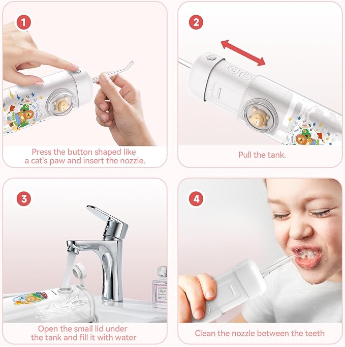 Kids Water Flosser,3 Modes Cordless Portable Water Teeth Cleaner,4 Replaceable Nozzles,IPX7 Waterproof Oral Irrigator Rechargeable,Professional Flossing Cleaning Picks for Home Travel (White)