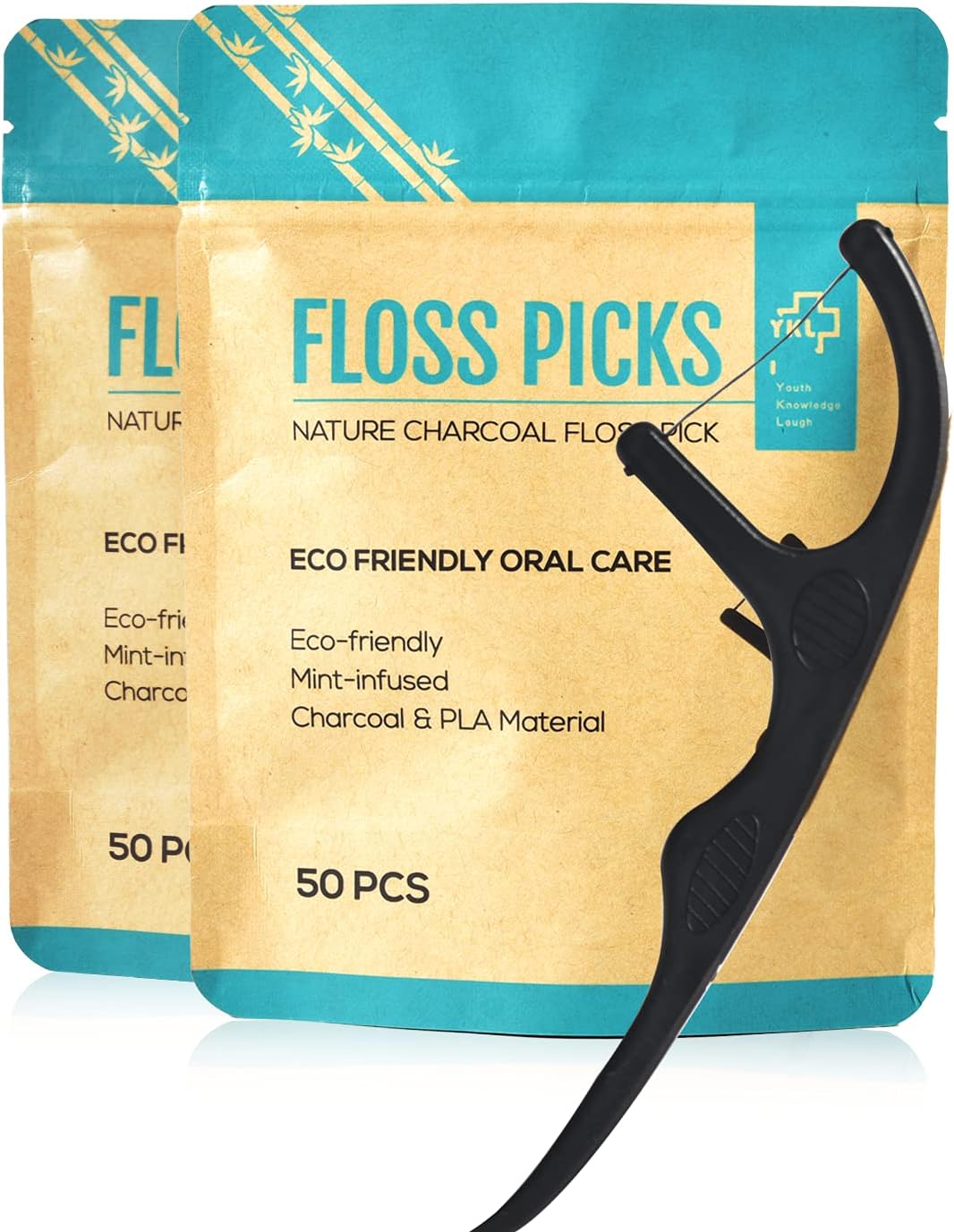 Y-Kelin Natural Dental Floss Picks - Vegan, Eco Friendly Black Bamboo Charcoal Dental Teeth Stick Tooth Pick Toothpick Flosser for Oral Care with a Fresh Feel Minty Flavor (100 Pcs)