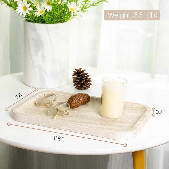 Marble Vanity Tray, Bathroom Tray Countertop, Decorative Dresser Organizer, Perfume, Jewelry Holder, Beige Stone Serving for Kitchen Sink Storage(MOCA Cream)