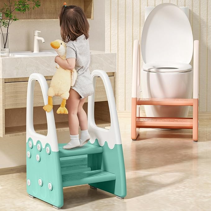 Two Step Stool with Handrails for Toddler and Kids, Standing Learning Stool Tower for Bathroom Sink, Potty Training, Children Step Up Learning Helper with Handles (Green-White)