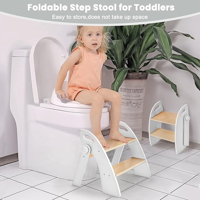 Wooden Step Stool, 300 lb. Load Capacity, with Safety Non-Slip Pads and Handles, Bamboo Step Stool for Bathroom and Kitchen, Gift for Christmas (White)