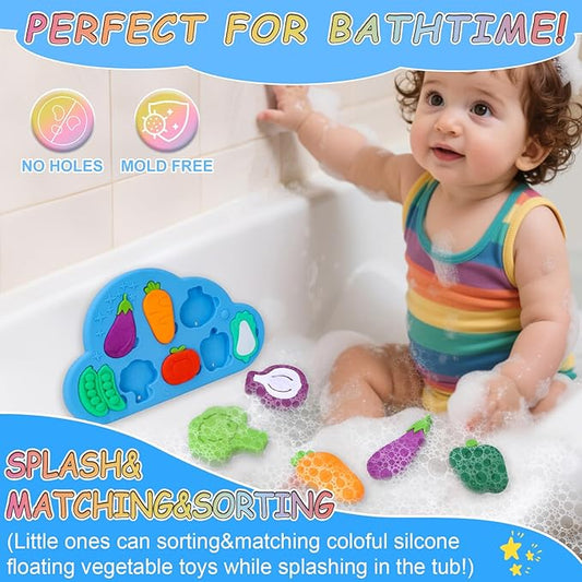 Baby Bath Toys, Premium Silcone Mold Free Vegetable Bath Toys, Soft Toddlers Floating Bathtub Toy, No Hole Tub Water Toys, Shape Sorting&Matching Educational Learning Toy Gift for Boys Girls Kids