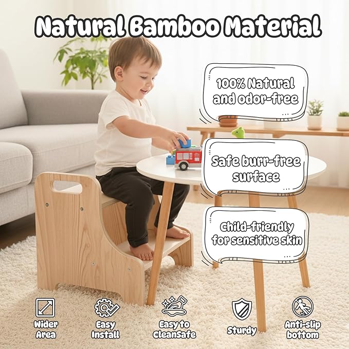 Toddler Step Stool for Kids, Toddler Kitchen Stool Helper with Handles & Non-Slip Pads, Wooden 2-Step Stool for Toddlers for Bathroom Sink, Potty Training, Kitchen & Bedroom 300lbs Capacity(Natural)
