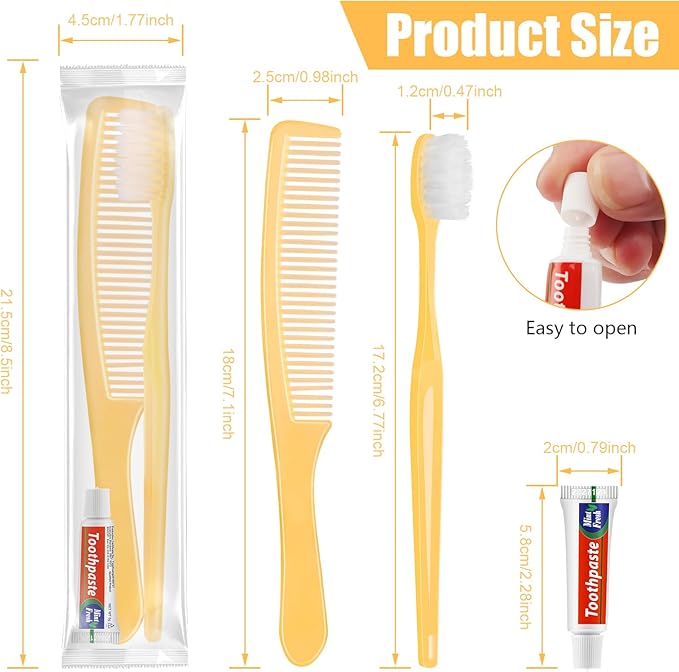 NICEMOVIC 100 Pack Disposable Toothbrushes Bulk with Toothpaste and Comb Travel Size Toothpaste Set Homeless Care Package Supplies for Bulk Individually Wrapped Disposable Travel Hotel Charity, Yellow
