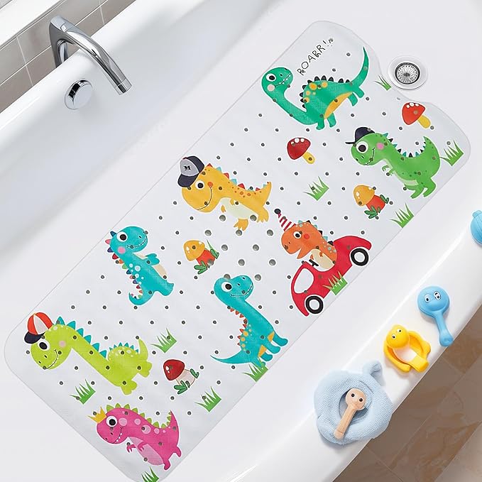 Bath Mat for Tub Non Slip Kids Bathtub Mat Extra Long 40X16 Inch Anti Slip Bathroom Toddler Shower Mat Baby Tub Mat with Suction Cups & Drain Holes (Dinos)