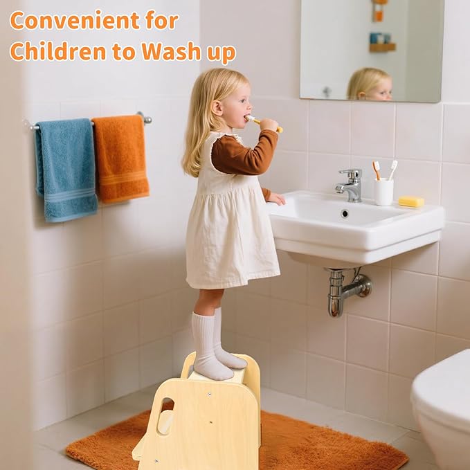 Step Stool for Toddler Kids Wooden – Height Adjustable 2-Step Ladder with Handles – Bathroom Sink Kitchen Bedroom Potty Training – Non-Slip Safety Design for Children 18 Months+