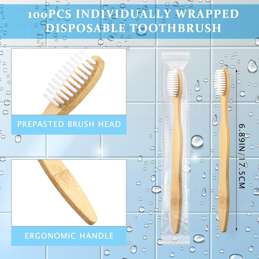 Sliner 100 Packs Prepasted Disposable Toothbrush Bamboo Prepasted Individually Wrapped Pre Pasted Toothbrush with Bamboo Handles Homeless Gift Set for The Homeless (Classic Color)