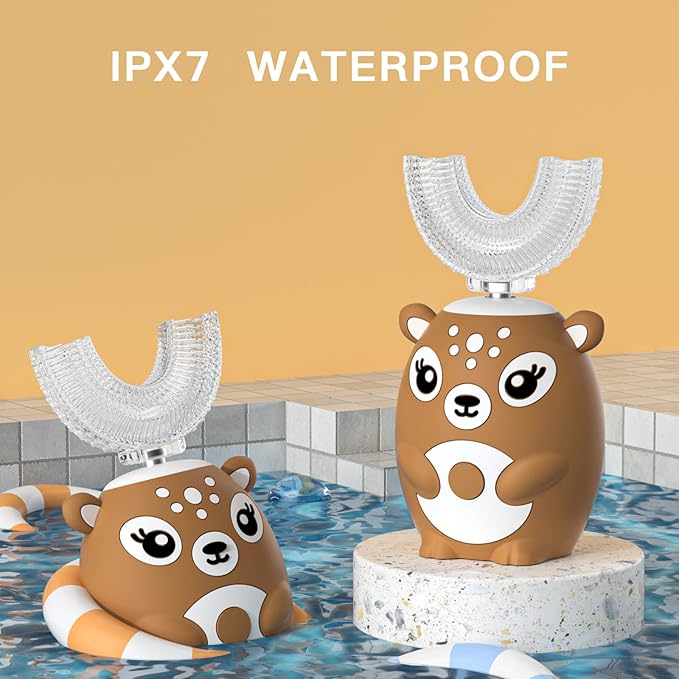 Kids Electric Toothbrushs U Shaped Sonic Automatic Toothbrush with 4 Brush Heads, Six Cleaning Modes,Cartoon Deer Modeling, Full Mouth Toothbrush for Baby