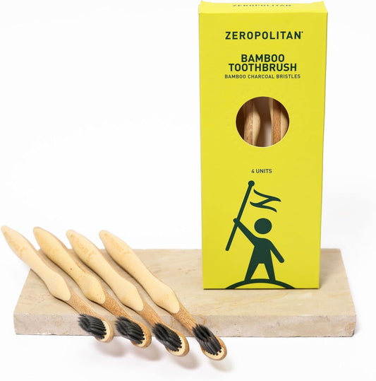 Eco-Friendly Bamboo Toothbrush Set of 4 - Medium Bristle Toothbrush with Ergonomic Handles & Charcoal Bristles – Low Waste & Biodegradable Personal Care Essentials