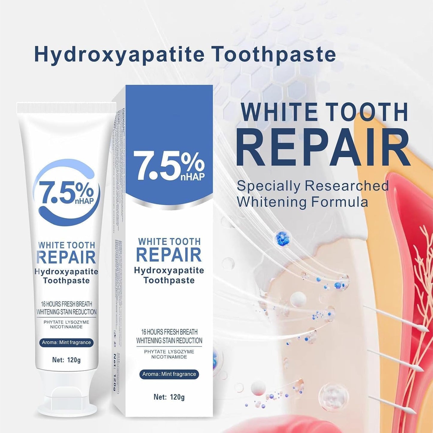 7.5% Hydroxyapatite Toothpastes for Enamel Protection & Tooth Strengthening, 7.5% Hydroxyapatite Toothpaste White Tooth Repair, Fluoride-Free Formula with Gentle Mint, Fresh Breath (4)