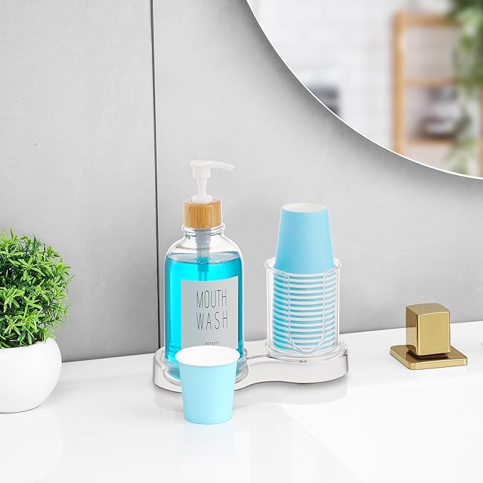 VITVITI Mouthwash Dispenser for Bathroom, Mouth Wash Dispenser Container with Paper Cup Holder, 17OZ Plastic Refillable Pump Mouthwash Bottle Decanter with Tray (Clear)