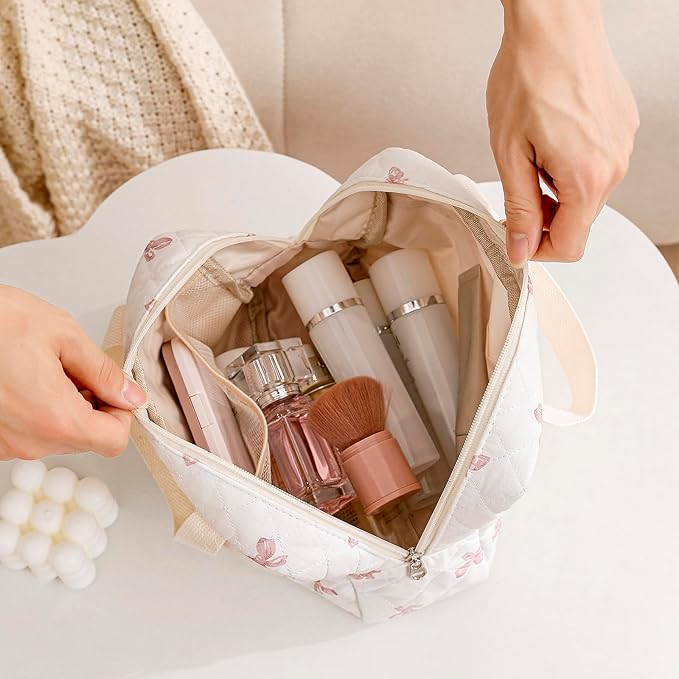 Large Size Quilted Coquette Makeup Bag, Cute Preppy Floral Cotton Travel Cosmetic Organizer Bag with Top Handle, Multi-Layer Travel Toiletry Pouch for Girls(06Small Pink Bow)