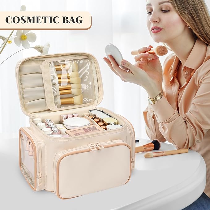 Large Makeup Bag, Portable Travel Makeup Bag Organizer for Women Girls with Makeup Brush Compartment & Two Side Pockets, Cosmetic Travel Bag Vertical Storage Toiletry - White