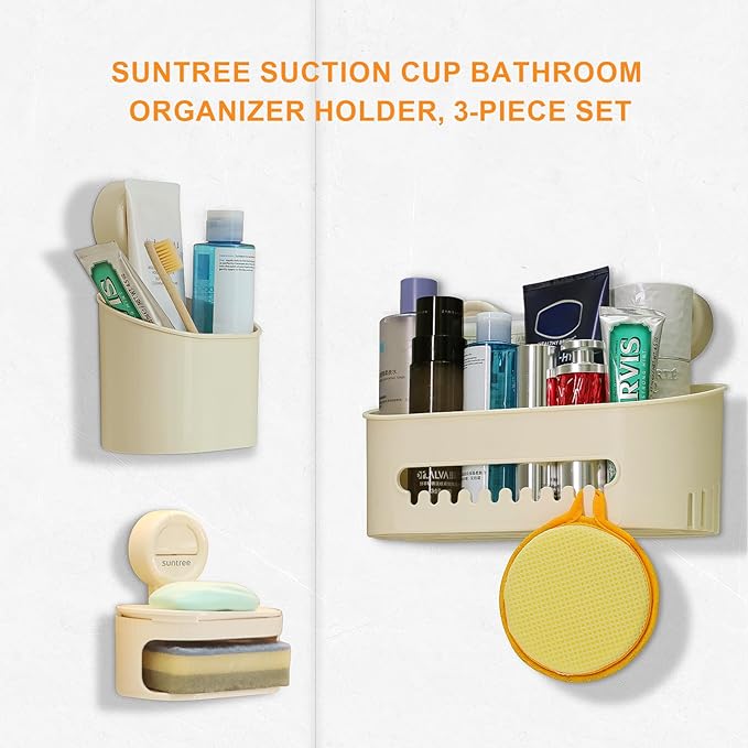 suntree Shower Caddy with Strong Suction Cups, No Drill Bathroom Shelf Organizer, Removable Soap Holder & Toothbrush Holder, Waterproof Storage with Drainage Design, Cream White