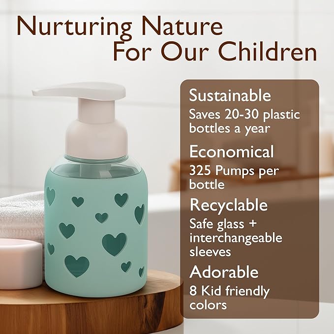 SoCal Suds & Company Glass Foaming Hand Soap Dispenser, Heart Silicone Sleeve, Refillable Pump Bottle for Kids, Baby Wash & Shampoo, Ideal for Home Use, Sea Glass 8oz