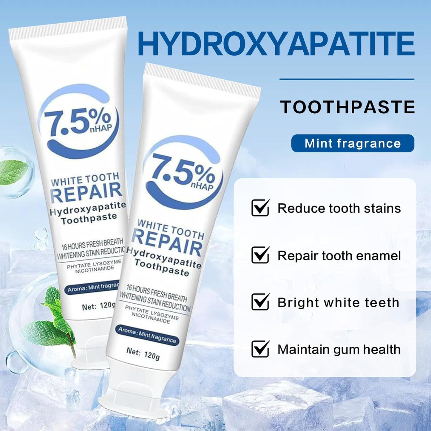 2PCS Hydroxyapatite Toothpaste, Deep Cleansing Toothpaste, Advanced Enamel Protection, Gentle and Effective Formula, Fresh Mint Flavor, for Sensitive Teeth