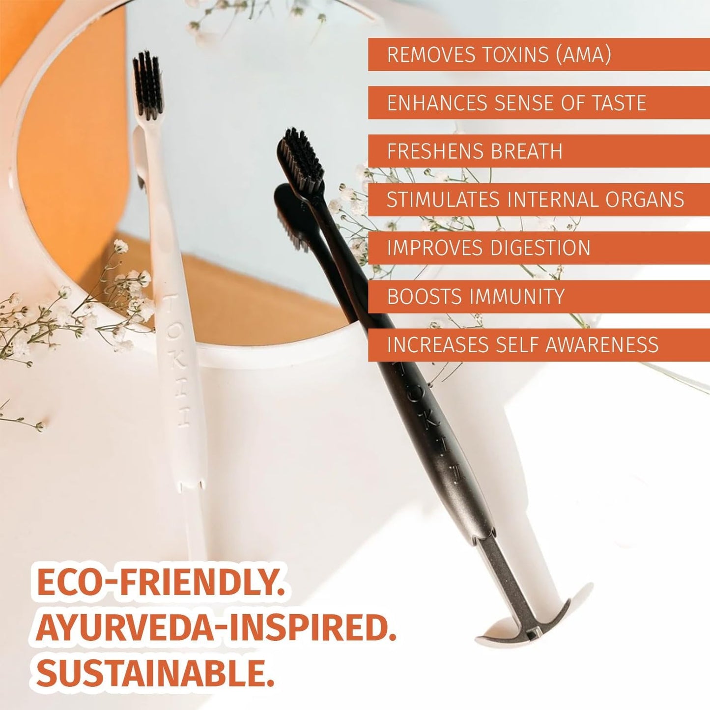 TOKII Tongue Scraper Cleaner Charcoal Bristles Toothbrush for Bad Breath with Waterproof Pouch for Travel, Hygienic Stand and Enviromentally Friendly (One Black & One White)