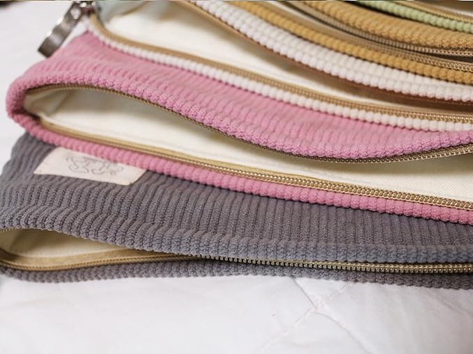 HAPPYHEIDI Creamy White Corduroy Makeup Bag Cosmetic Toiletry Travel Pouch, Make Up Accessory Purse Organizer, Canvas Lined