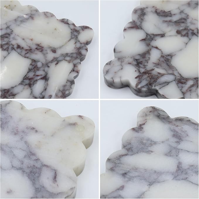 Square Marble Decorative Tray with Scalloped Edge, Luxury Natural Stone Bathroom Vanity Tray, Dresser Top Perfume Coffee Home Kitchen Sink Tray, Key Trinket Ring