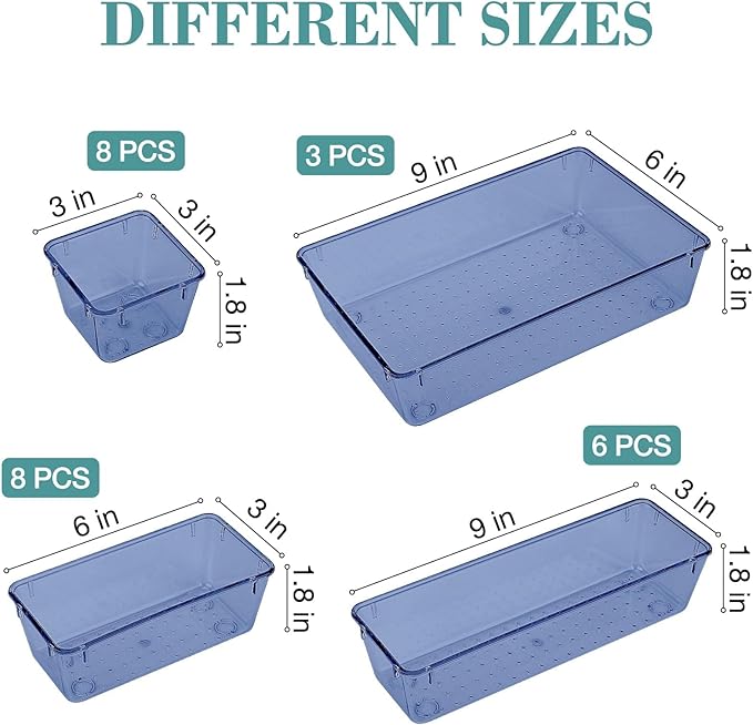 25 PCS Drawer Organizer Set, 5 Varied Size Bathroom and kitchen Drawer cabinet organizer Trays, Clear Storage Bins for Makeup, Jewelry, Utensils and Gadgets, Dark Blue