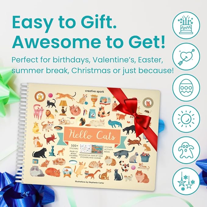 Cupkin Hello Cats Sticker Book Activity for Kids, Toddler Airplane Travel Essentials, 500+ Stickers for Kids 12 Scenes + Coloring Book Pages, Cat Gift Girls and Boys, Children's Crafts Ages 2-8