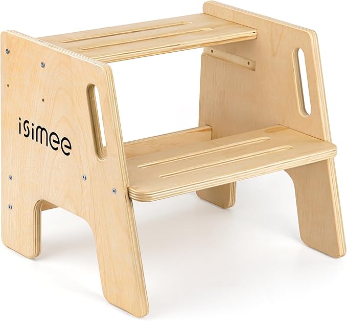 Toddler Step Stool, Wooden Stepping Stool for Kids, 2 Step Stool with Adjustable Height, Potty Training Stool with Handles Pads for Bathroom Sink, Kitchen, Bedroom