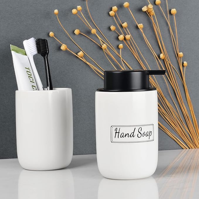 BosilunLife White Soap Dispenser Set - 2 Pack 12oz Ceramic Dish Soap Dispenser with Rust Proof Pump for Kitchen, Hand Soap and Lotion Set Suitable for Farmhouse Bathroom Decor with Waterproof Labels