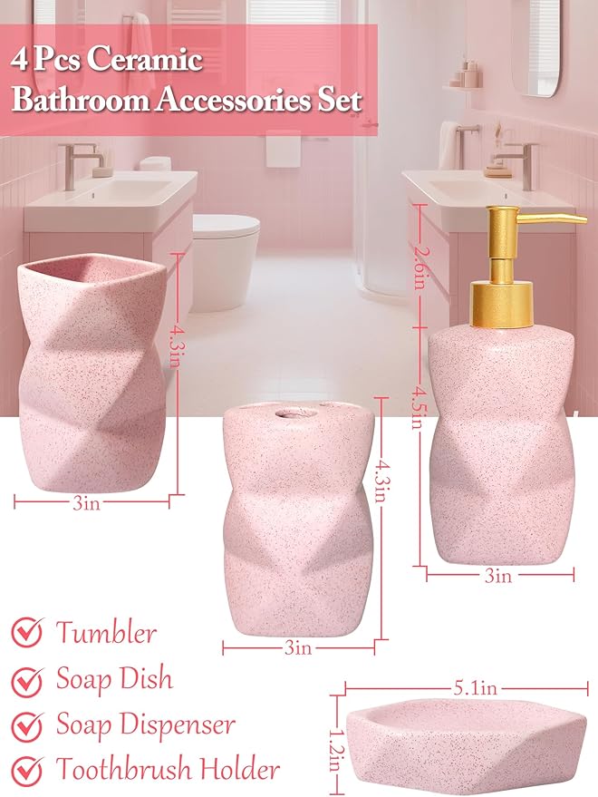 Bathroom Accessories Set,4 Pcs Bathroom Accessory Set,Includes Lotion Soap Dispenser,Toothbrush Holder,Tumbler,Soap Dish,Ceramic Bathroom Sets Complete,Bathroom Sink Set for Modern Home Decor(Pink)