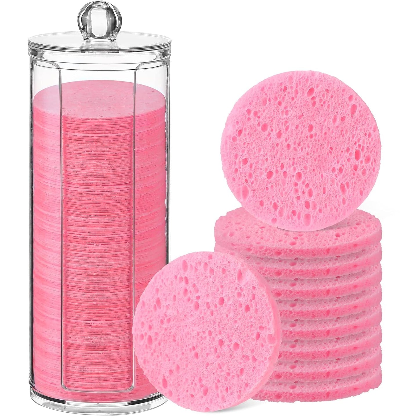 Sieral 120pcs Compressed Facial Sponges Disposable Natural Face Sponges Round Soft Pads with Container for Washing Face Cleansing Exfoliating Esthetician Makeup Removal Travel(Pink)