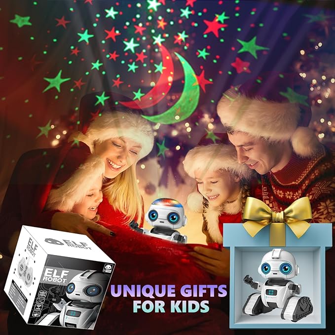 Aikmi Robot Toys for Kids 5-7, Rechargeable Remote Control Robot with Projector Night Light for Kids, Gesture Sensor, Music, Toys for 6 Year Old Boys Girls Birthday Present Boy Toy (White)