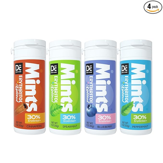 DC24 DAILY CARE Xylitol Mints | No Aspartame | Sugar Free | Low-Calorie with Erythritol | Breath Mints Dry Mouth Diabetic Friendly | Assorted Flavors 30 Pieces (Pack of 4)