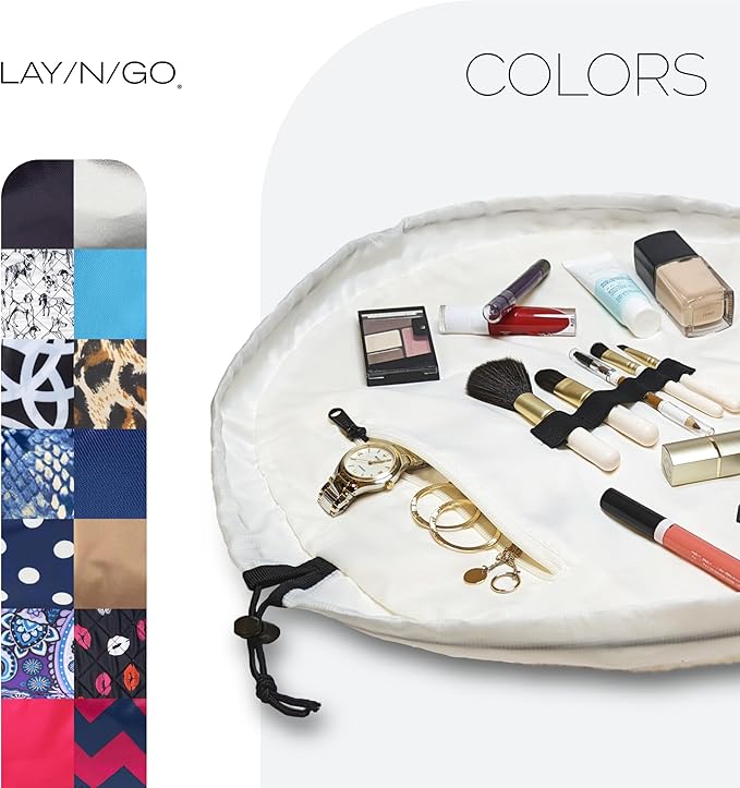 Lay-n-Go Cosmo Drawstring Cosmetic & Makeup Bag Organizer - Portable Drawstring Makeup Bag w/Zipper Pocket, Makeup Loops & More - Durable, Machine Washable Toiletry Bag (20", Comfort/White)