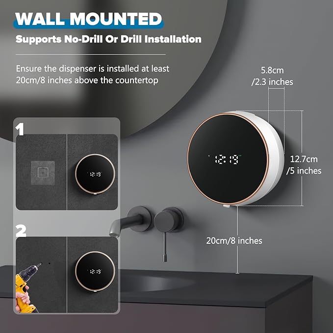 Automatic Soap Dispenser Liquid Bathroom: Wall Mount Rechargeable Touchless Adjustable Auto Smart Electric Plastic White Soap Dispenser with Clock - Kitchen - Hand Dish Lotion Couple Kids