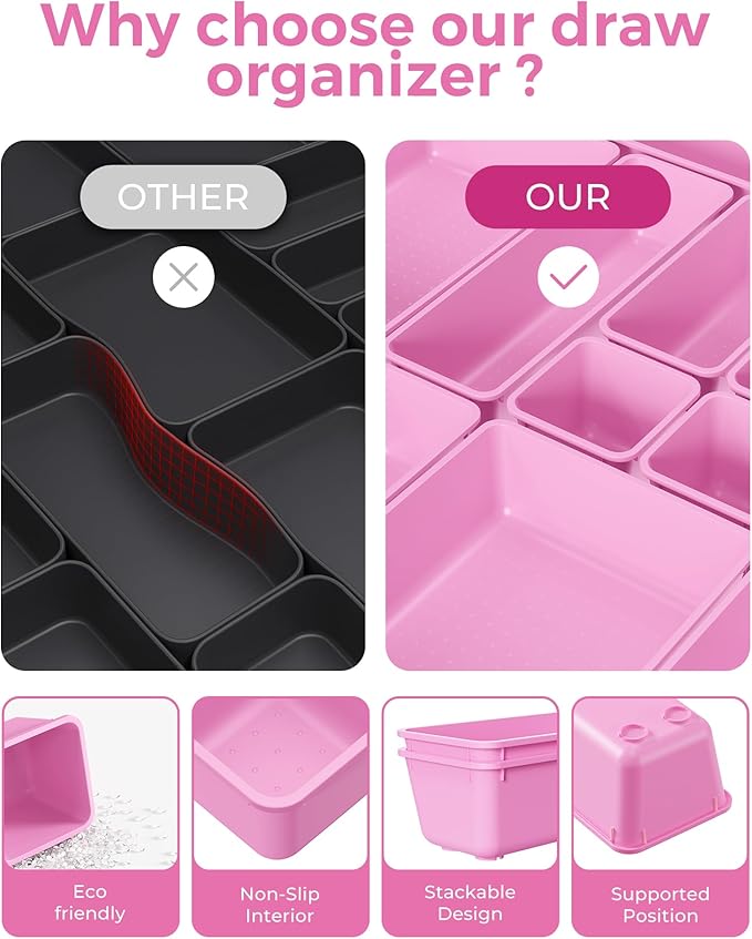 25 PCS Plastic Drawer Organizers Set, 4-Sizes Vanity and Makeup Organizer, Desk and bathroom Drawer Organizer Trays, Organizers and Storage for Makeup, Jewelry, Gadgets, Utensils(Light Purple)