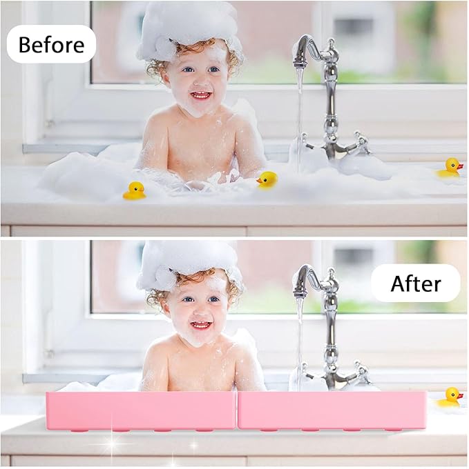 Tub Splash Guard for Kids - Silicone Tub Water Splash Guard with 4 Suction Cups for Kitchen Sink, Bath Toy Tray Holder, Tub Shelf for Kids, Bathroom Accessories for Children & Toddler, 1Pack, Pink