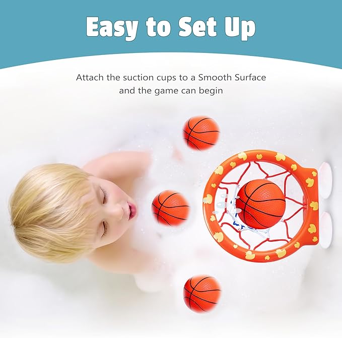 Bath Toys, Bathtub Basketball Hoop for Toddlers Kids, Boys and Girls with 4 Soft Balls, Mold Free & Strong Suction Cup, Bathtub Shooting Game & Fun Toddlers Bath Toys for Boys or Girls