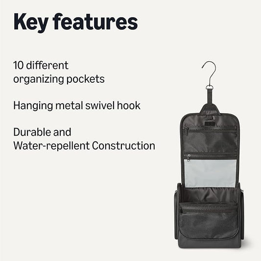 Amazon Essentials Waterproof Travel Toiletry Bag for Men and Women, Hanging Toiletry Bag, Dopp Kit with 2 Side Pockets, Multiple Interior Pockets, Handles Bathroom Spills/Splashes, Black