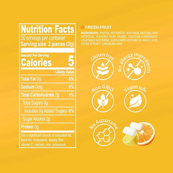 DC24 DAILY CARE Xylitol Chewing Gum with Erythritol, Aspartame Free & Sugar Free Gum for Dry Mouth, Low-Calorie, Sugarless, Fresh Fruit, 60 Pieces (Pack of 2)